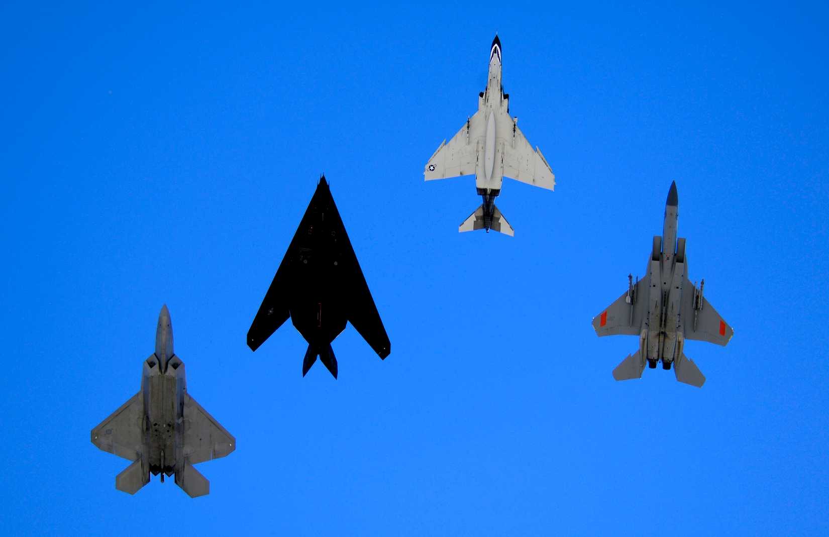 F-22, F-117, F-4, F-15 air parade