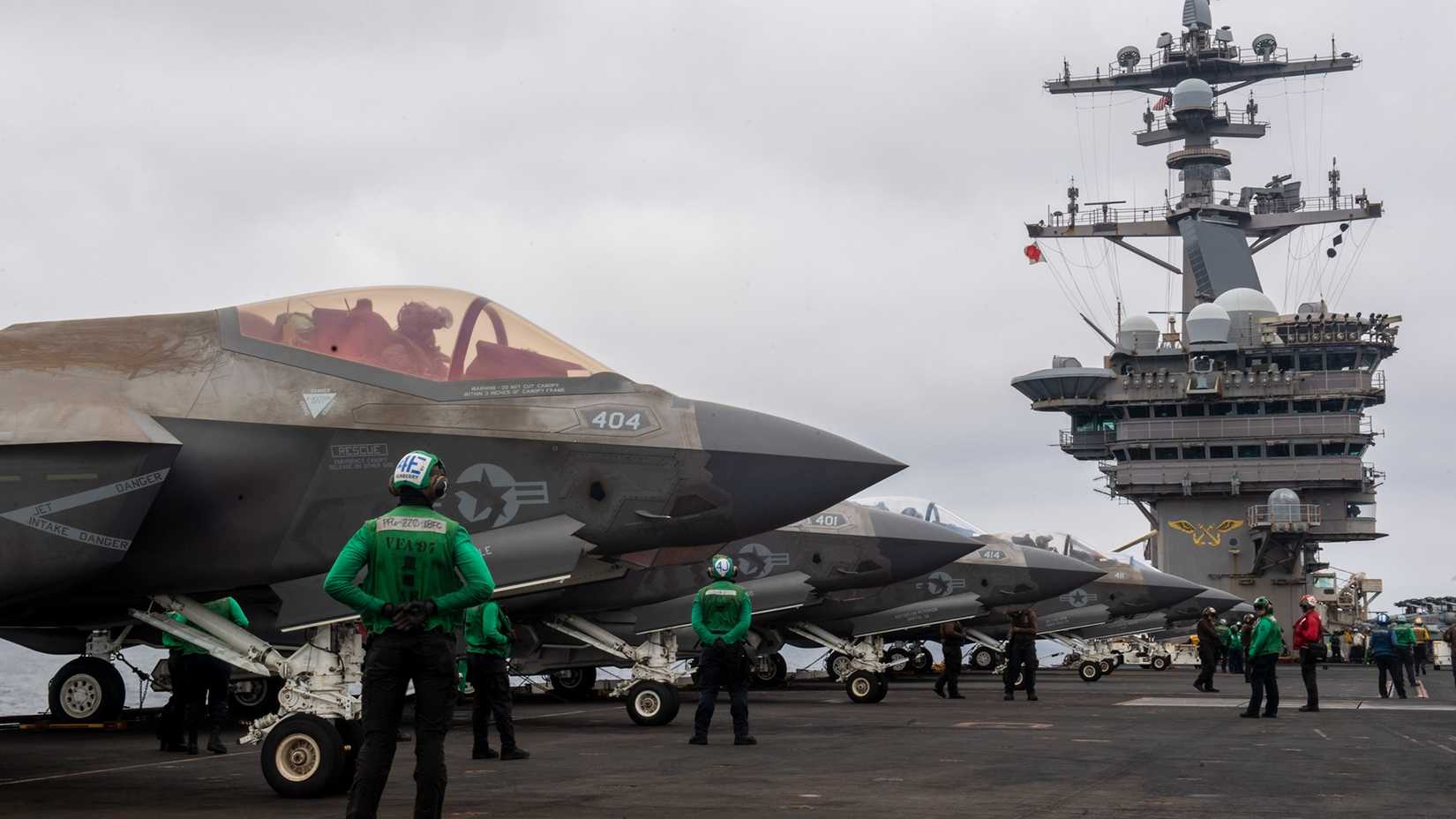 F-35C Lightning II, attached to the “Warhawks” of Strike Fighter Squadron (VFA) 97, prepares to launch from the flight deck of the Nimitz-class aircraft carrier USS Carl Vinson (CVN 70).