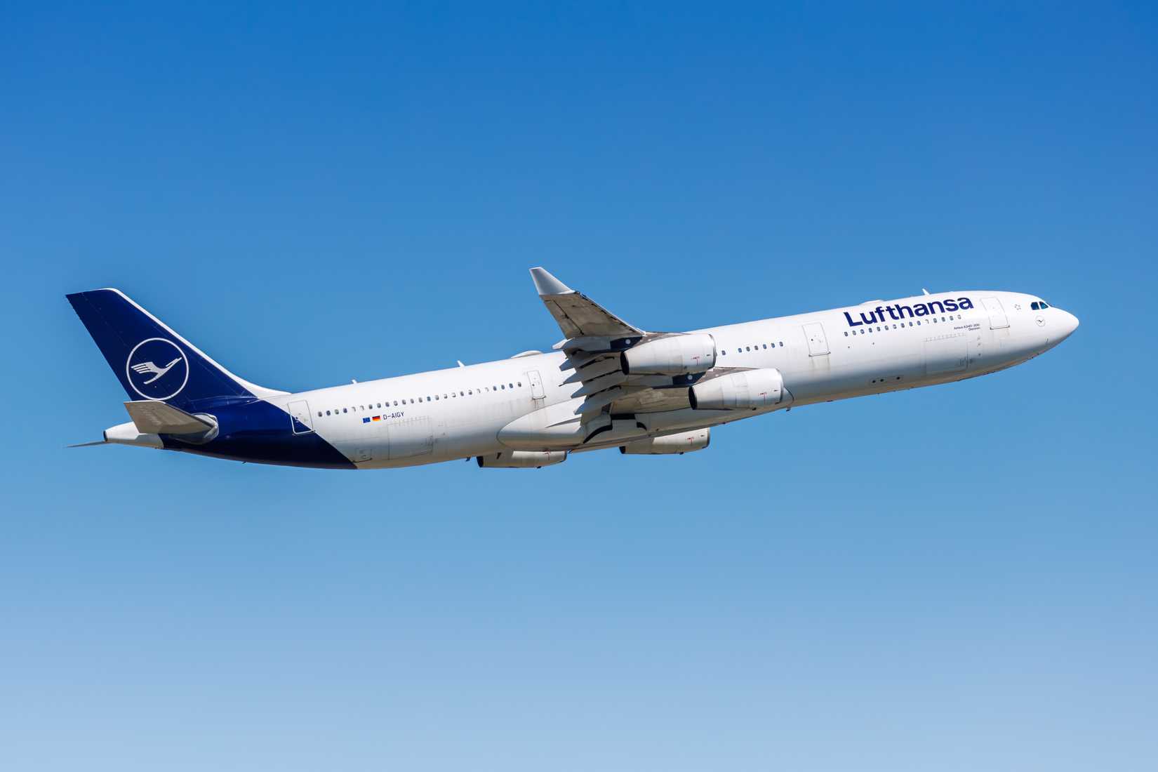 Lufthansa Airbus A340-300 airplane at Frankfurt Airport (FRA) in Germany.
