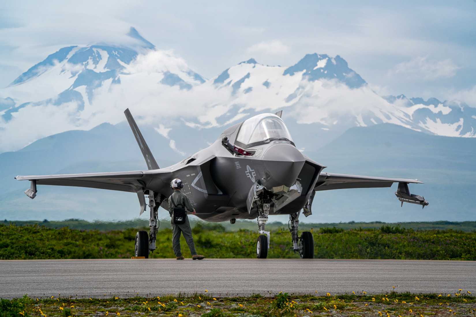 Marine Corps F-35B Lightning II parks on a runway for a forward armed and refueling point (FARP) for ARCTIC EDGE 2025, August 18, 2025