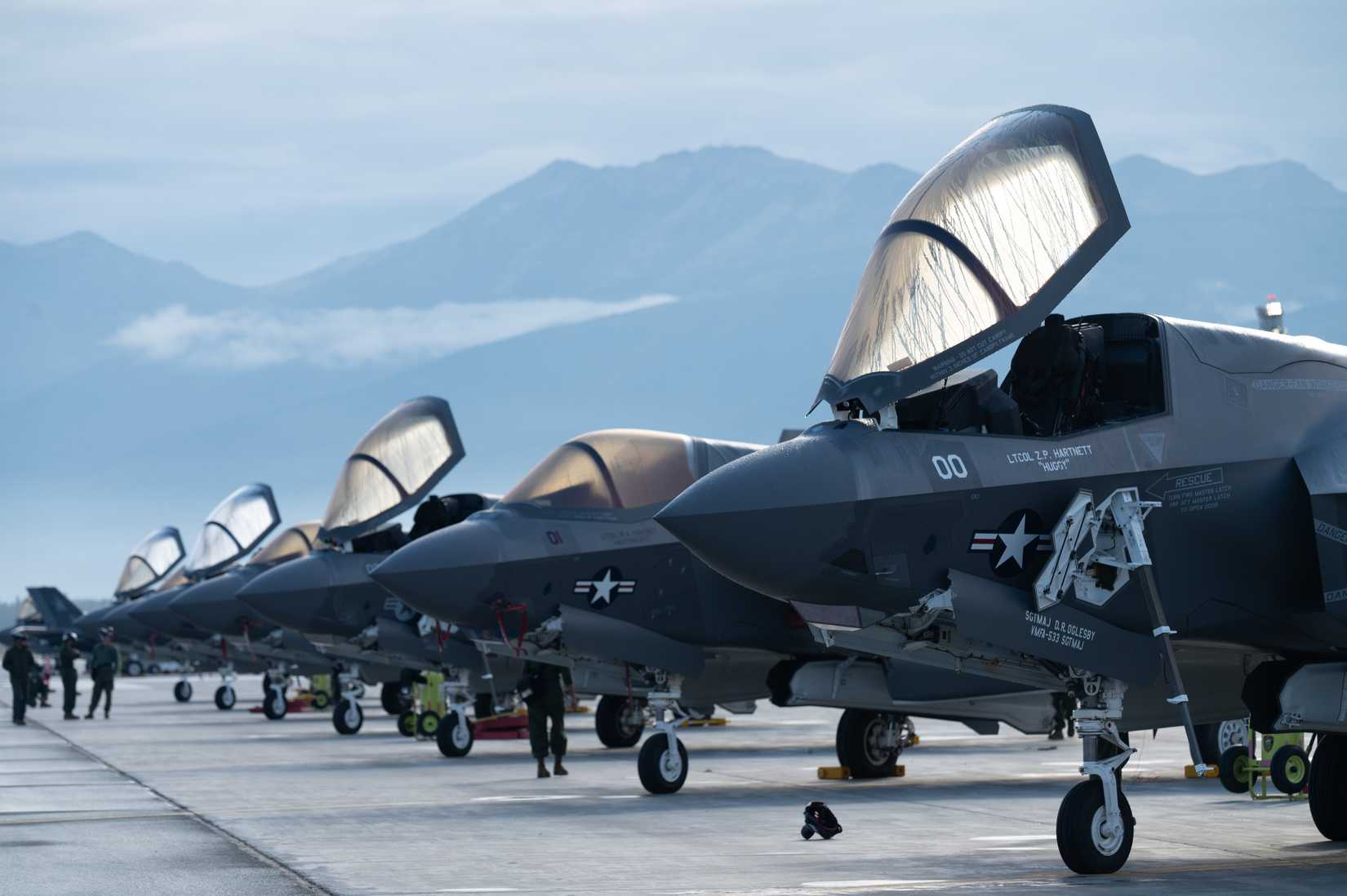 Marine Corps F-35B Lightning IIs assigned to Marine Fighter Attack Squadron 533 (VMFA-533) standby on the flight line during exercise Northern Edge 2025.