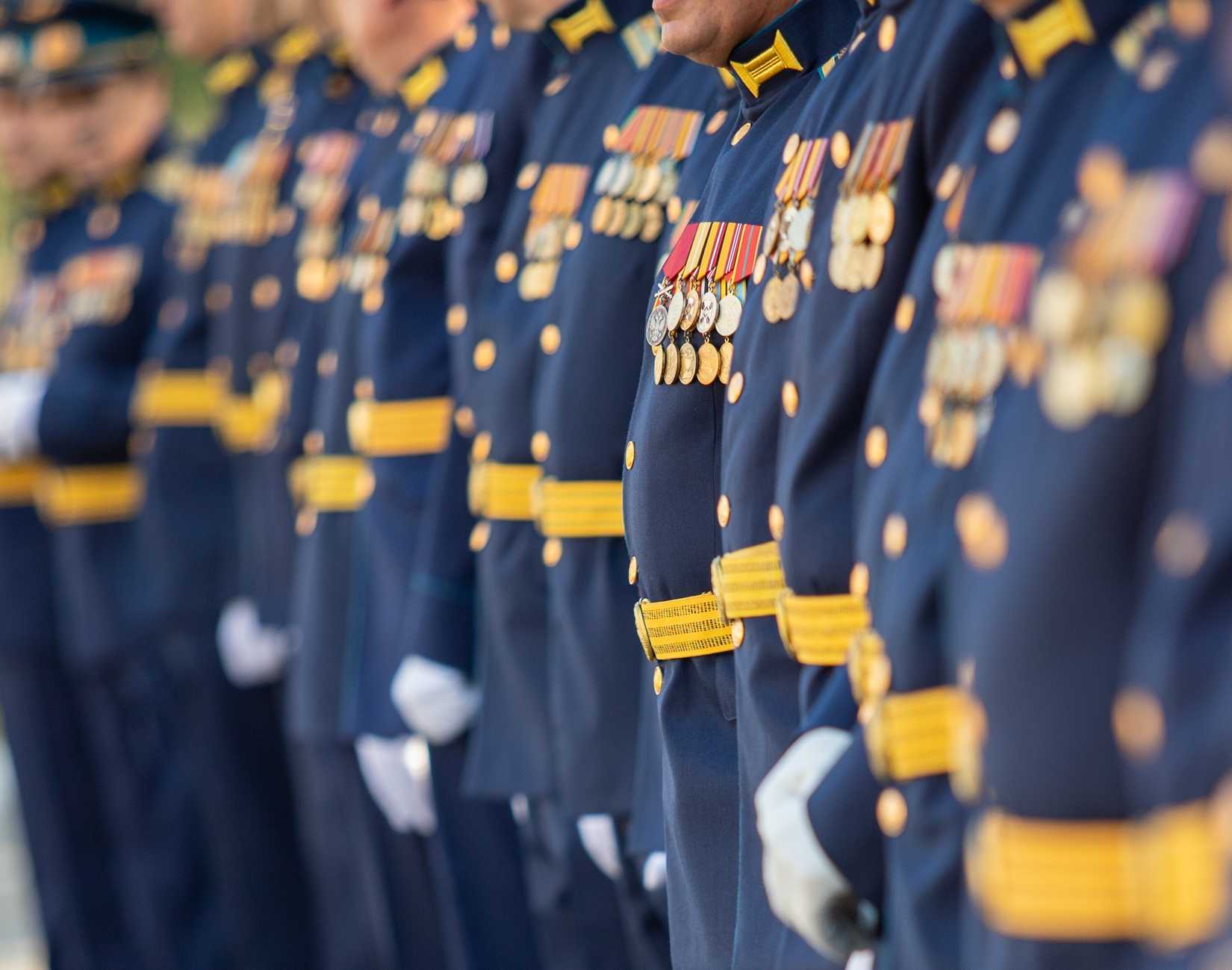 Military pilots at the parade, officers. Russian Air Force Day.