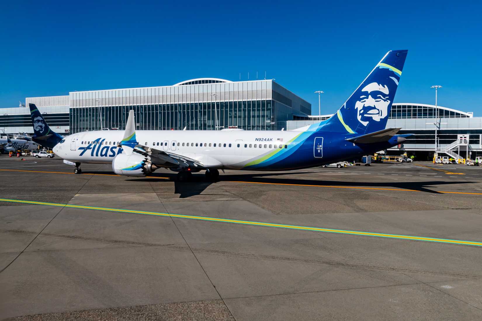 N924AK, an Alaska Airlines Boeing 737 9 MAX, In Front of the Seattle-Tacoma International Airport (SEA) N Terminal.