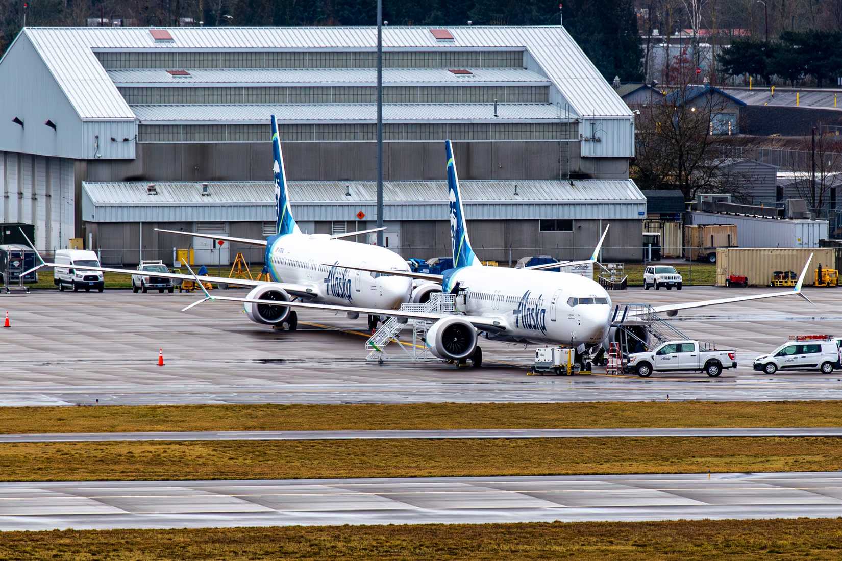 Photo of two Alaska Airlines Boeing 737-9 Max passenger planes taken out of service due to the door blowout.