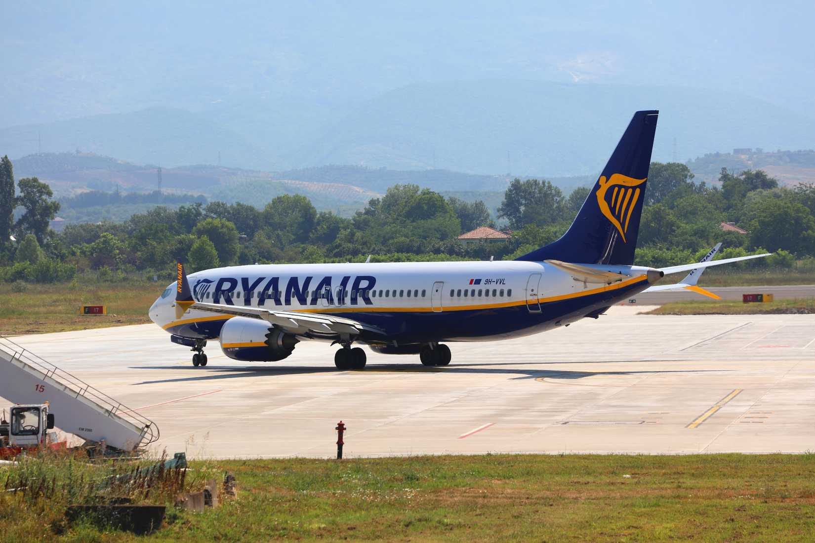 Ryanair budget airline Boeing 737 MAX 8 at Tirana International Airport in Albania.