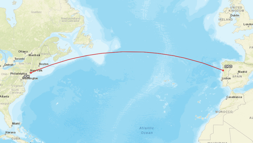 Route map between JFK and OPO