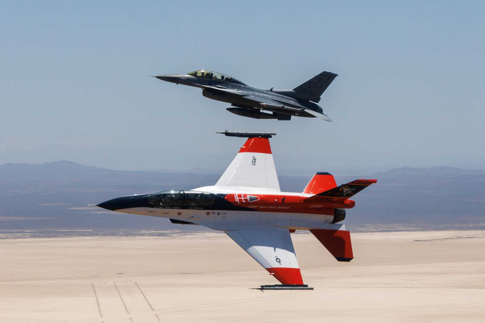 Secretary of the Air Force Frank Kendall flies in the X-62 VISTA in the skies above Edwards Air Force Base, California, May 2.