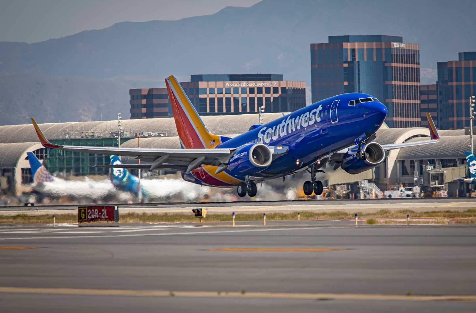 Southwest Airlines passenger jet taking off at John Wayne Airport