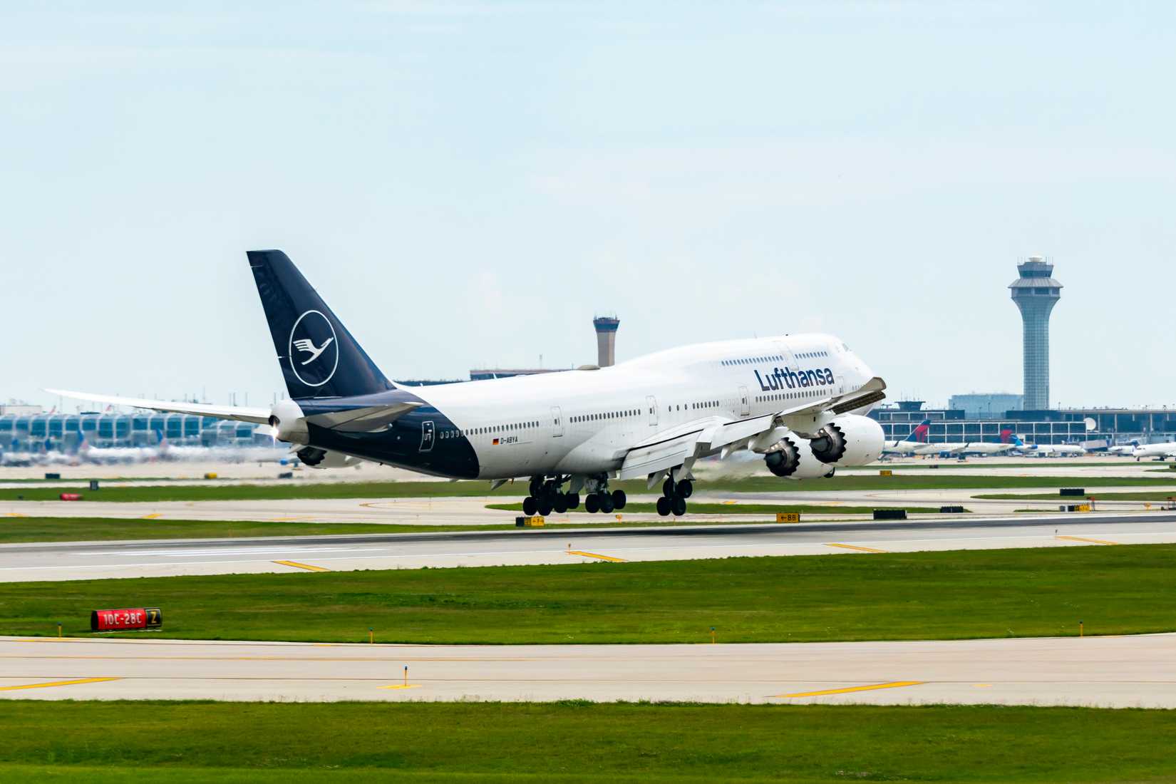 Lufthansa Boeing 747-8 landing at Chicago O'Hare International Airport
