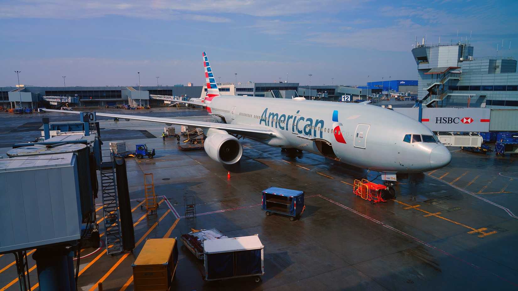 An American Airlines Boeing 777-200 parked 