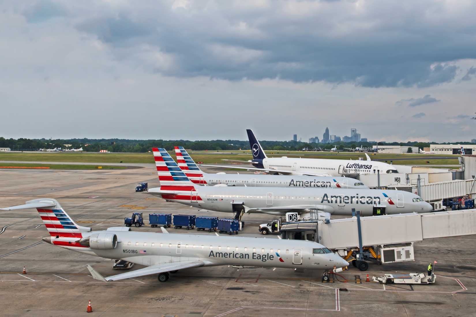 American Airlines jets parked side by side at Charlotte International Airport