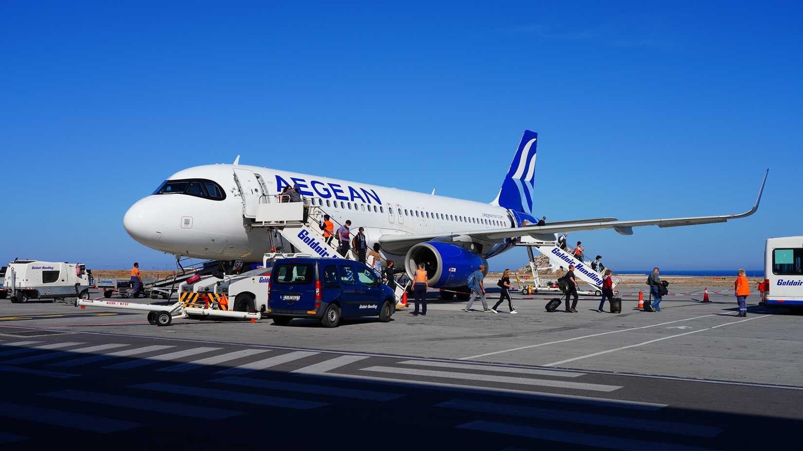 An Aegean Airlines Airbus A320neo parked at Santorini Airport 