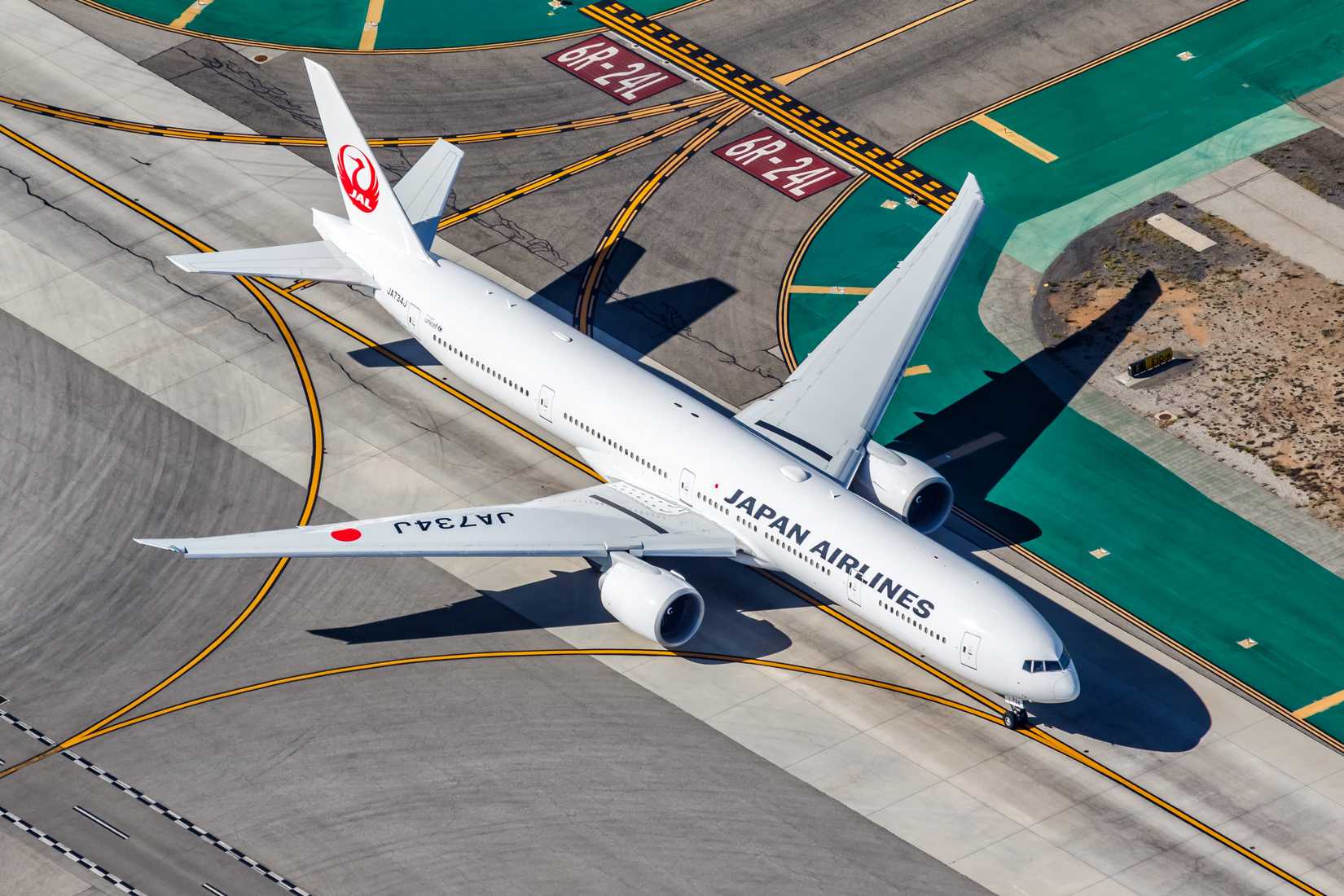 Japan Airlines Boeing 777-300(ER) airplane aerial photo at Los Angeles airport (LAX) in the United States