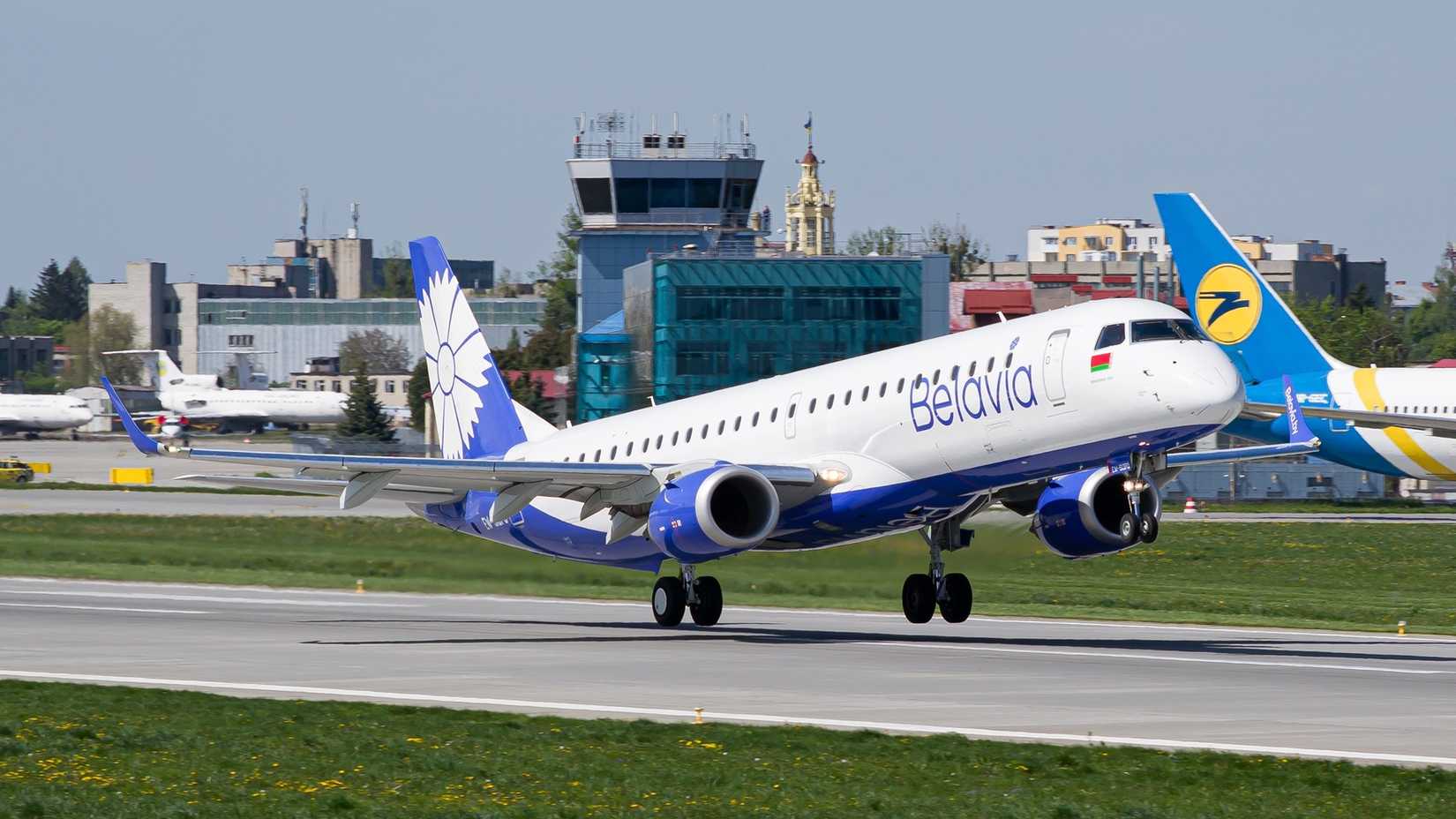 A Belavia Embraer E195 taking off from Lviv, Ukraine
