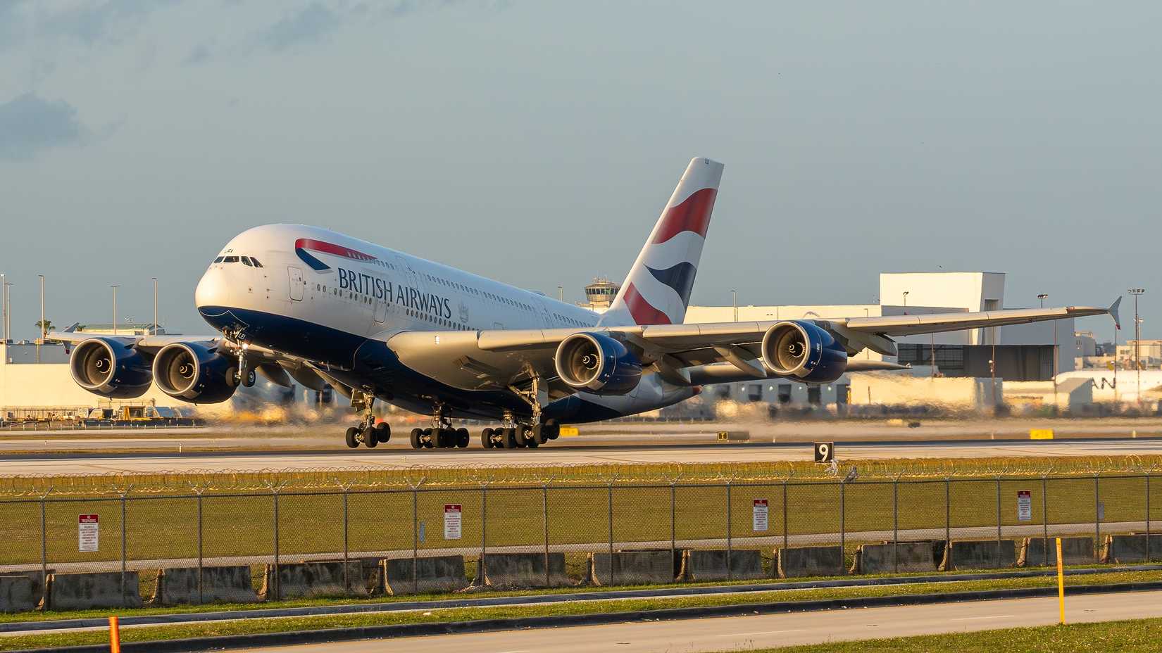 British Airways Airbus A380 taking off from Miami International Airport