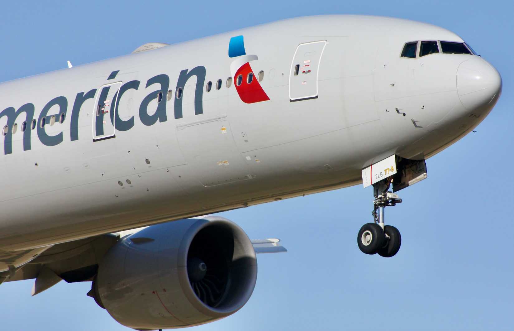 American Airlines Boeing 777-300ER close up shot of the front