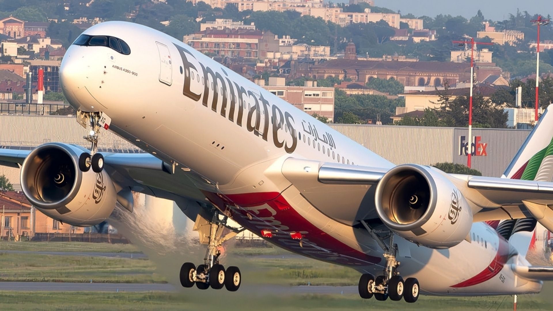Emirates Airbus A350-900 taking off. 