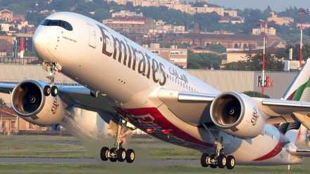Emirates Airbus A350-900 taking off.