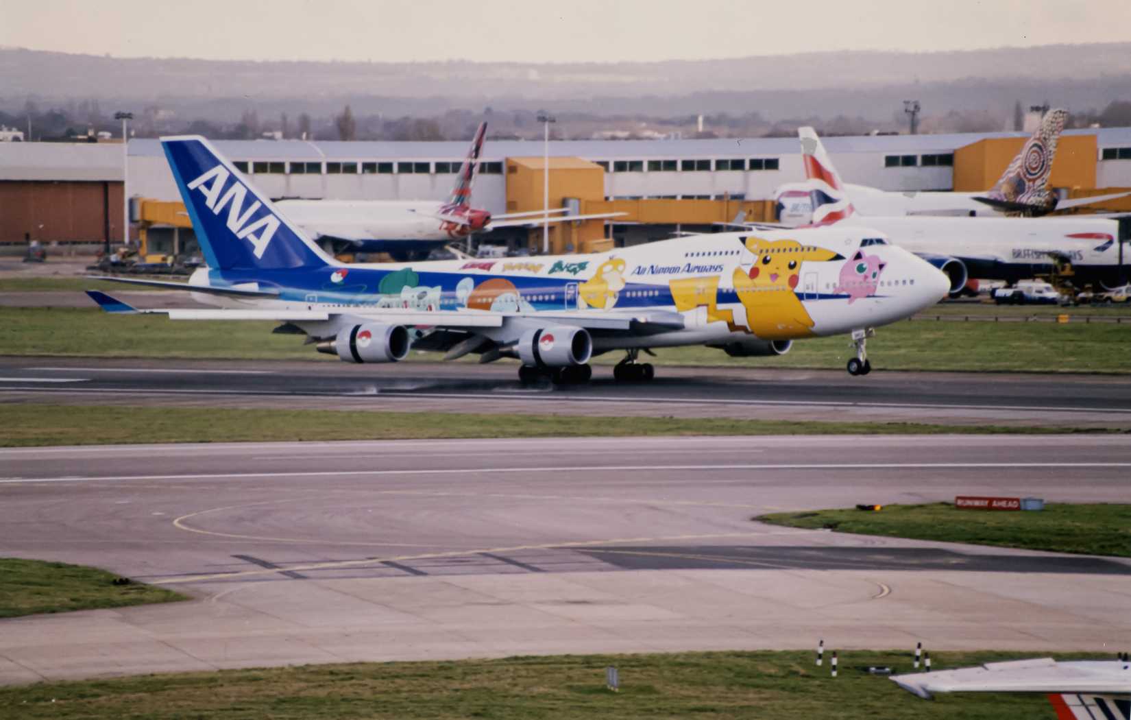 Boeing 747-481 operated by All Nippon Airways Pokemon taking off at London Heathrow
