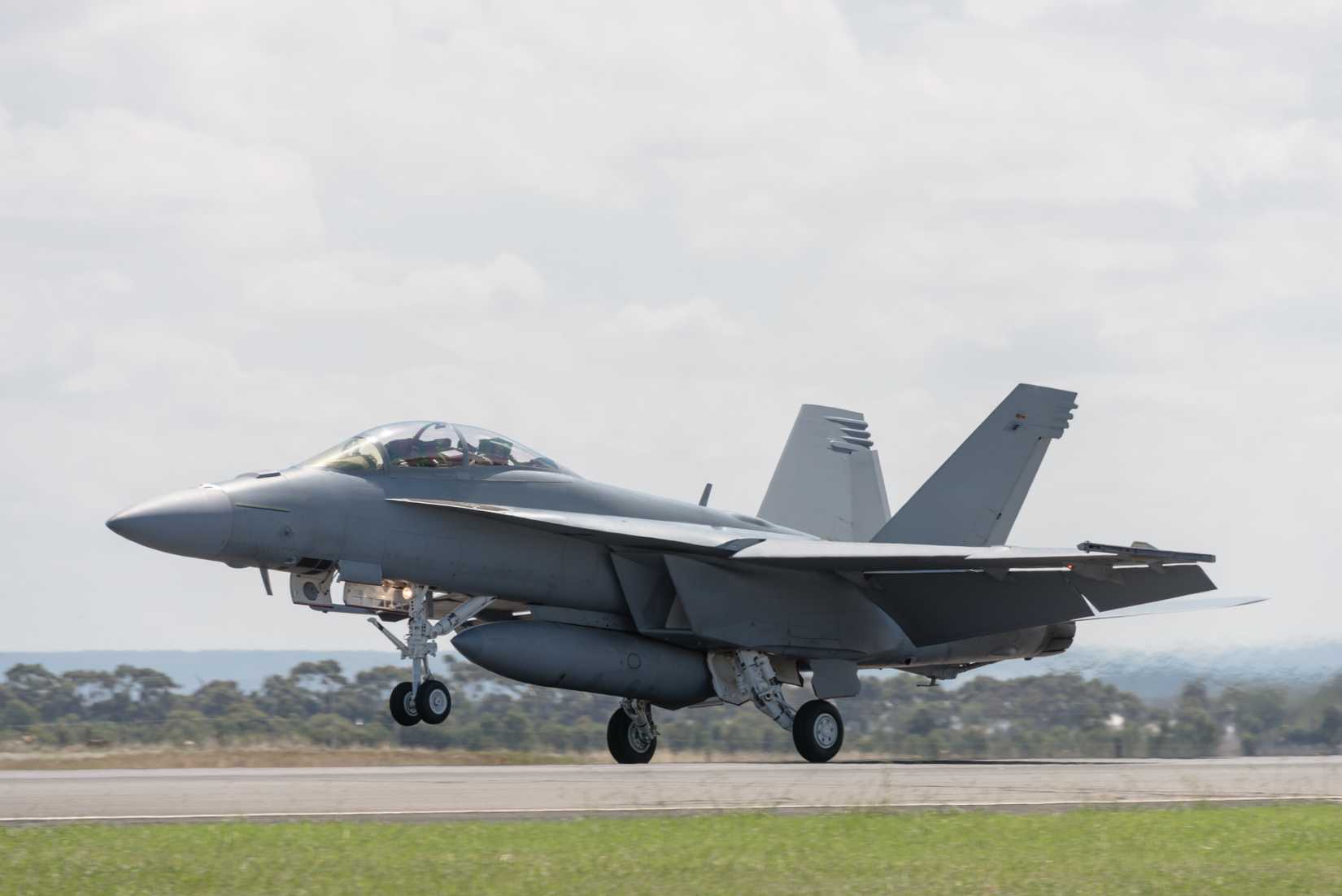 Boeing F-18 Super Hornet fighter aircraft landing