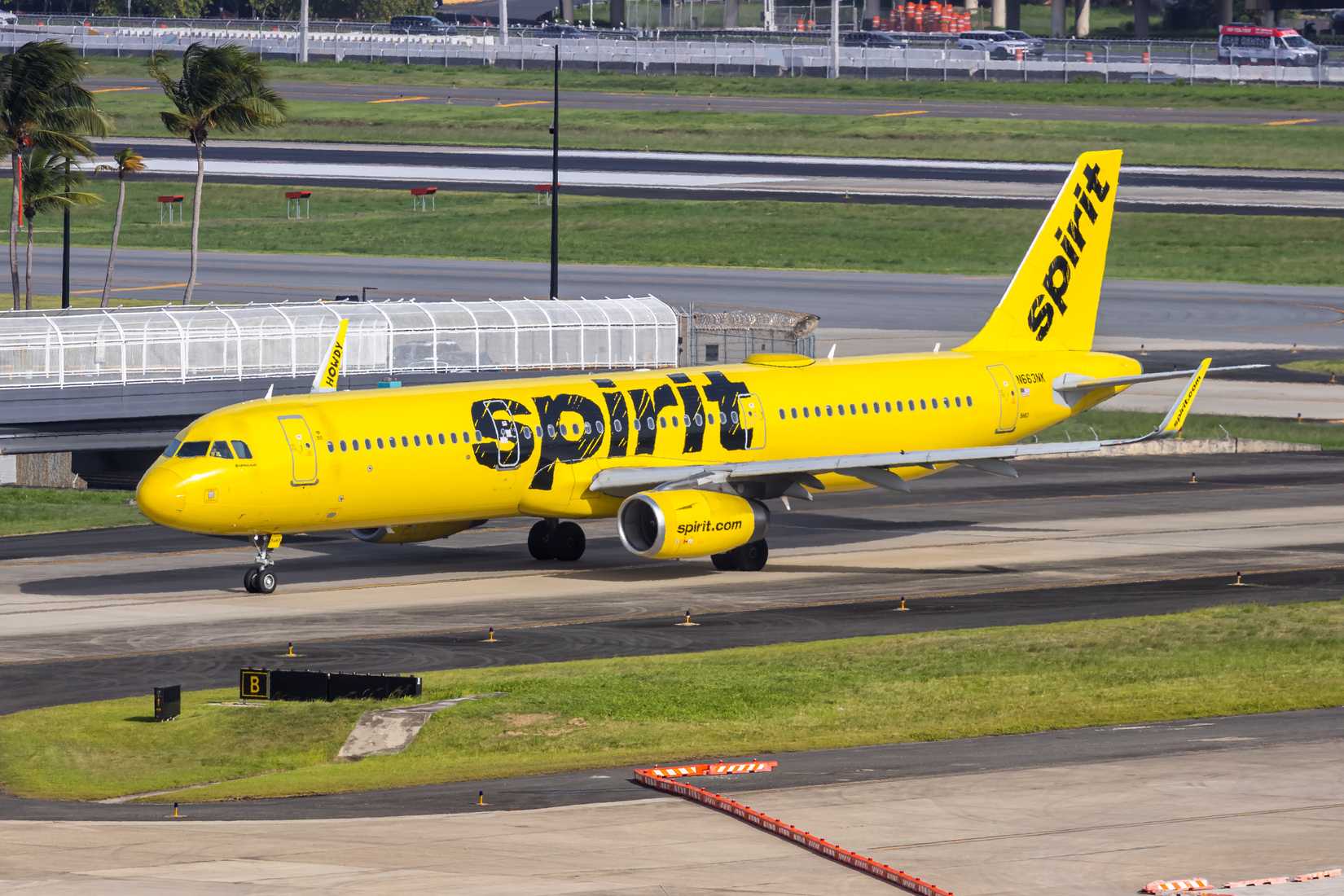 Spirit Airlines Airbus A321 airplane at San Juan airport in Puerto Rico.