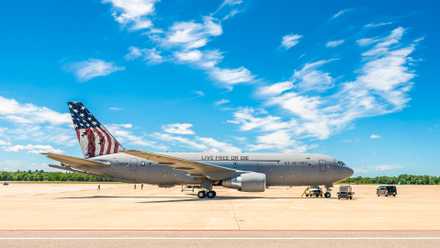 The 157th Air Refueling Wing flagship KC-46A Pegasus rest on the ramp at Pease Air National Guard Base, New Hampshire, July 18, 2025.