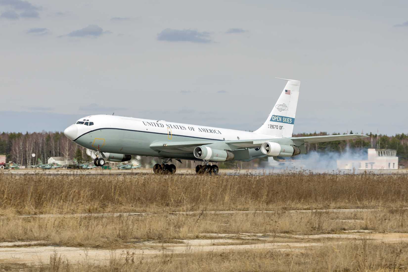 The American Boeing 707 (OC-135B) Open Skies observation aircraft lands at the Russian airfield in Kubinka.