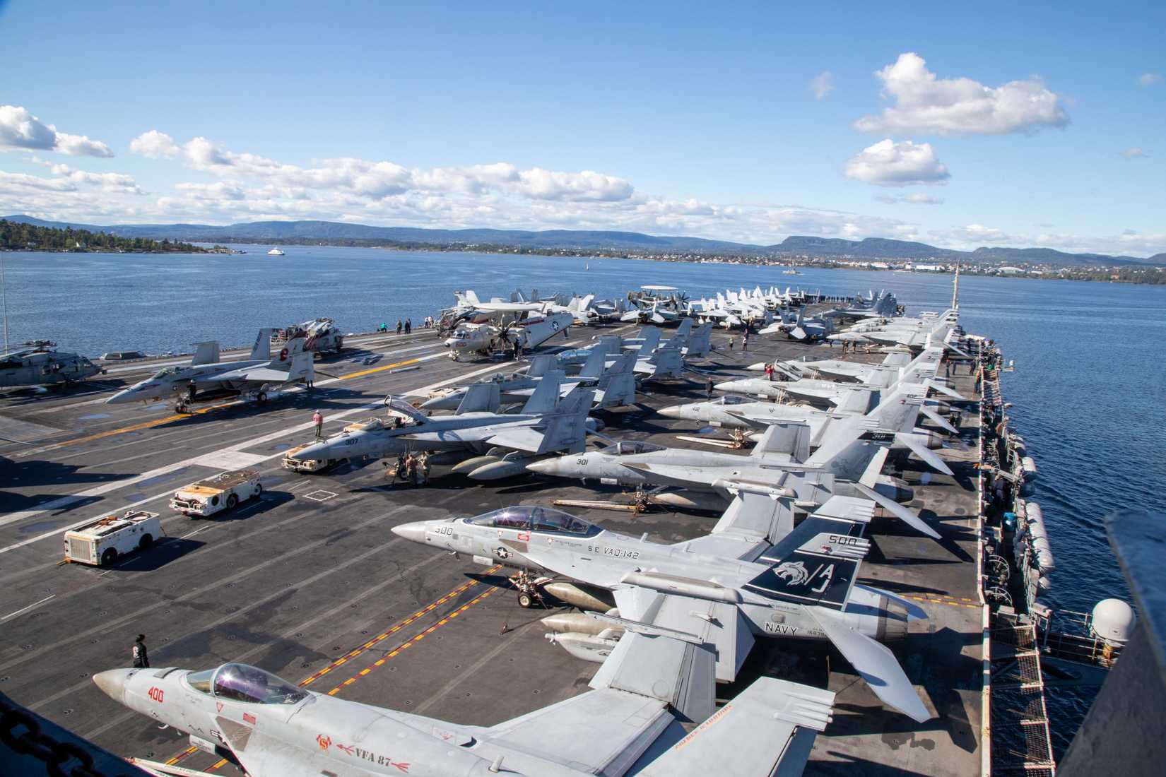 The world's largest aircraft carrier, USS Gerald R. Ford (CVN 78), departs Oslo, Norway, after a port visit, Sept. 17, 2025.