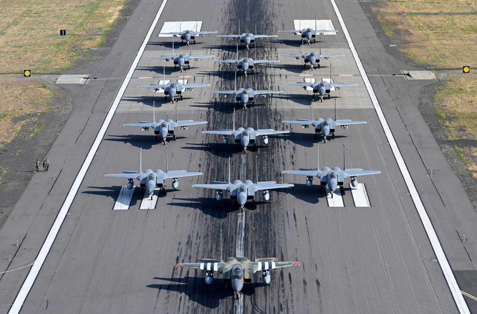 The173rd Fighter Wing conducted an elephant walk, lining up 16 F-15CD Eagle aircraft down it's runway, July 14, 2025, at Kingsley Field, Oregon.