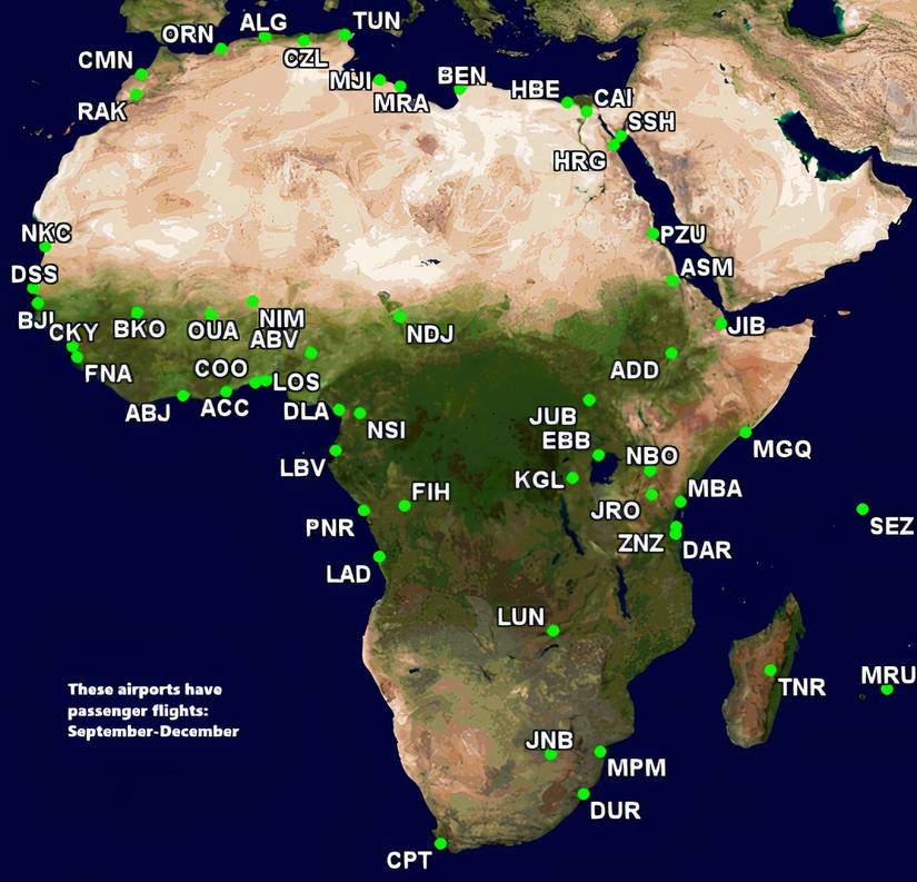 TK's African airports with pax flights Sept-Dec 2025