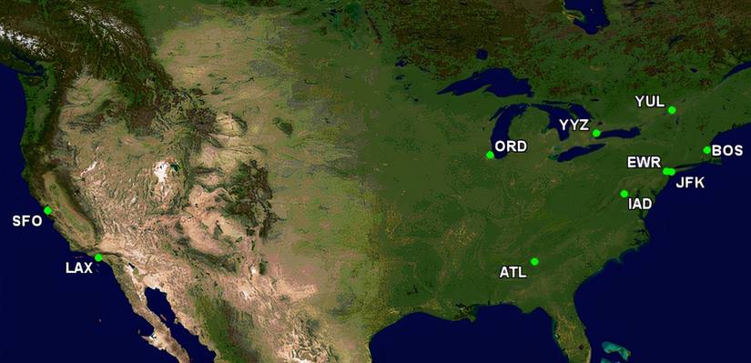 Top 10 US and CA airports for European flights in Oct-1