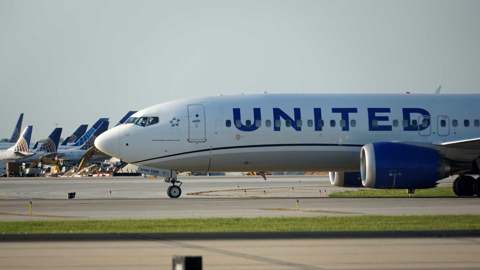United Airlines Boeing 737 Max 8 taxies on the runway after landing at Chicago O'Hare International Airport.
