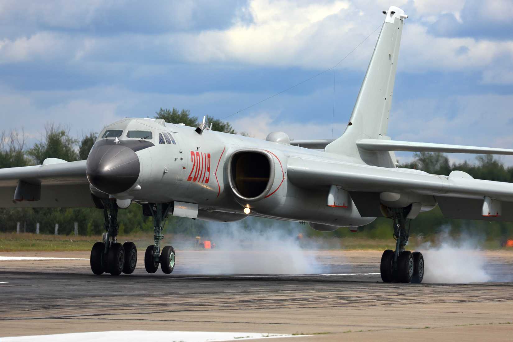 Xian H-6K 20119 strategic bomber airplane of People's Liberation Army Air Force seen at Dyagilevo airfield during Aviadarts contest.