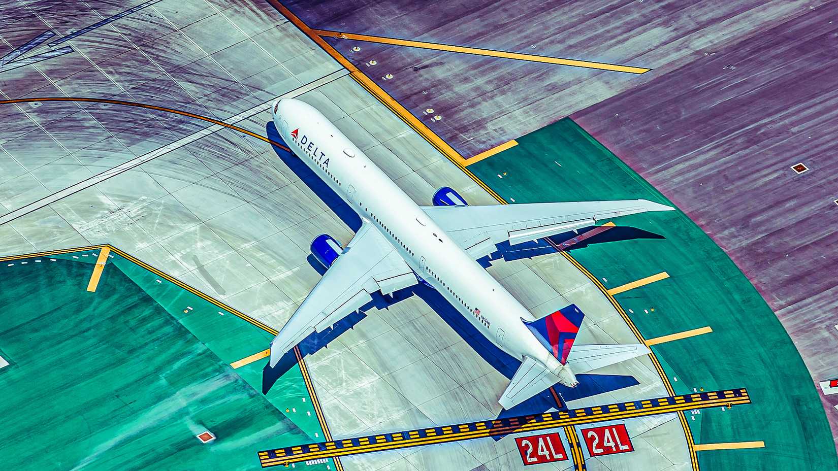 Top view of Delta Air Lines Boeing 767-400 on the runway