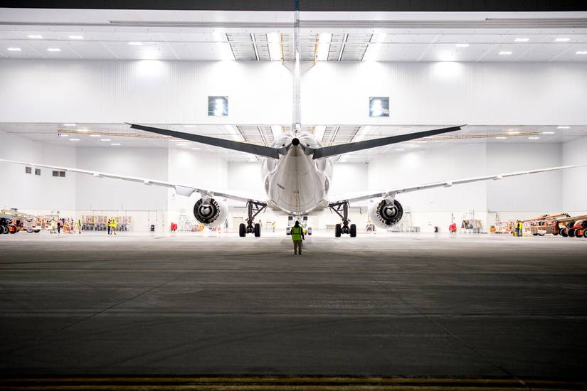 Boeing 787 Dreamliner in hangar from rear