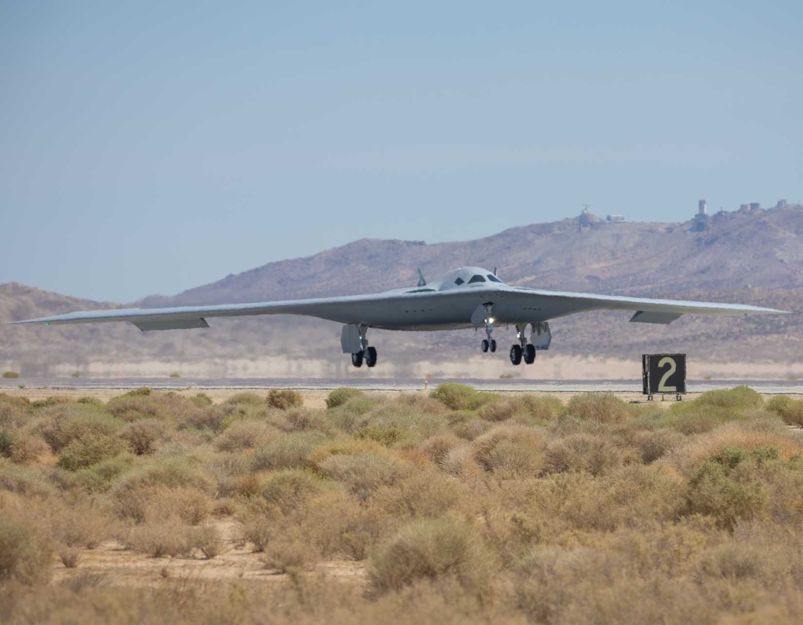A B-21 Raider test aircraft lands at Edwards Air Force Base, Calif., during ongoing developmental flight testing, Sept. 11, 2025.