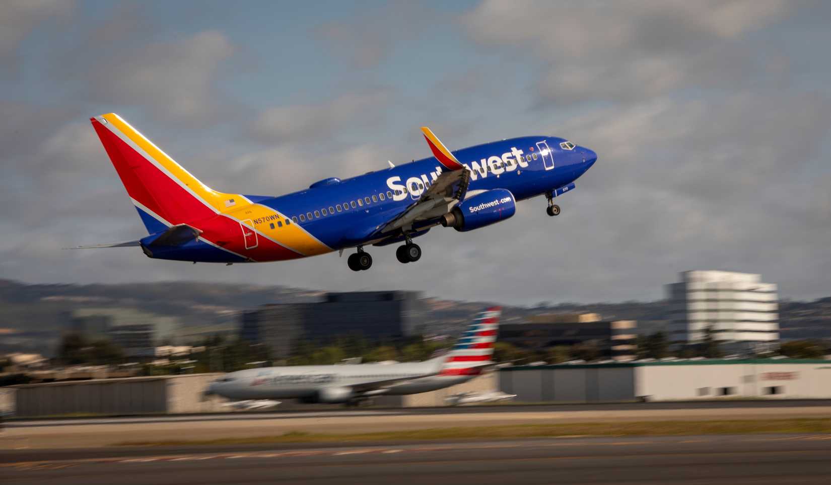 A Southwest jet taking off from Santa Ana Airport in California.