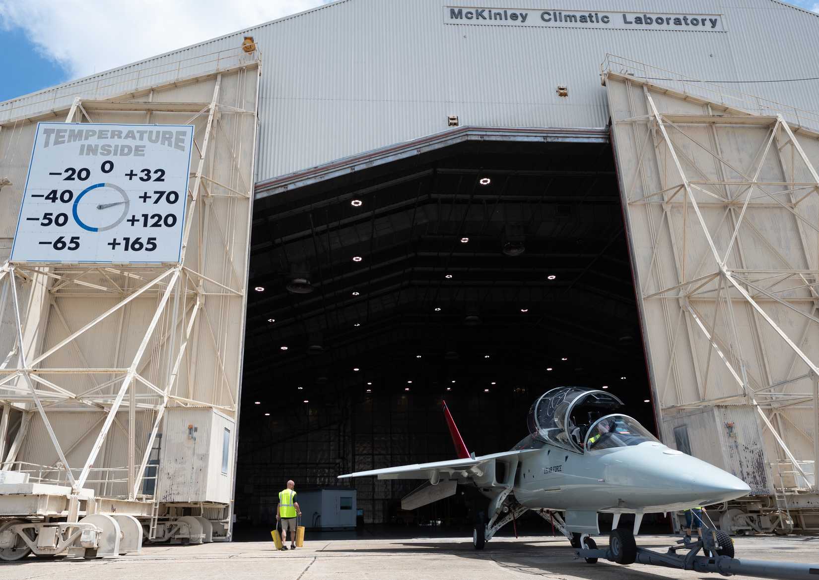 A T-7A Red Hawk, sits outside the McKinley Climatic Lab at Eglin Air Force Base, Fla., May 2, 2025.