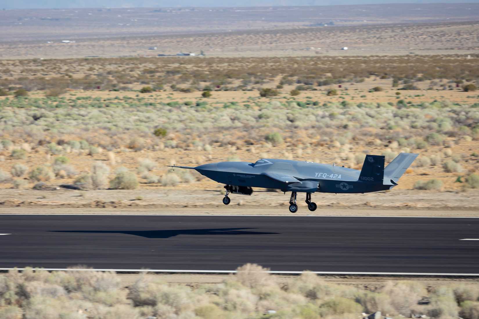 A YFQ-42A Collaborative Combat Aircraft lands after a test flight at a California test location.