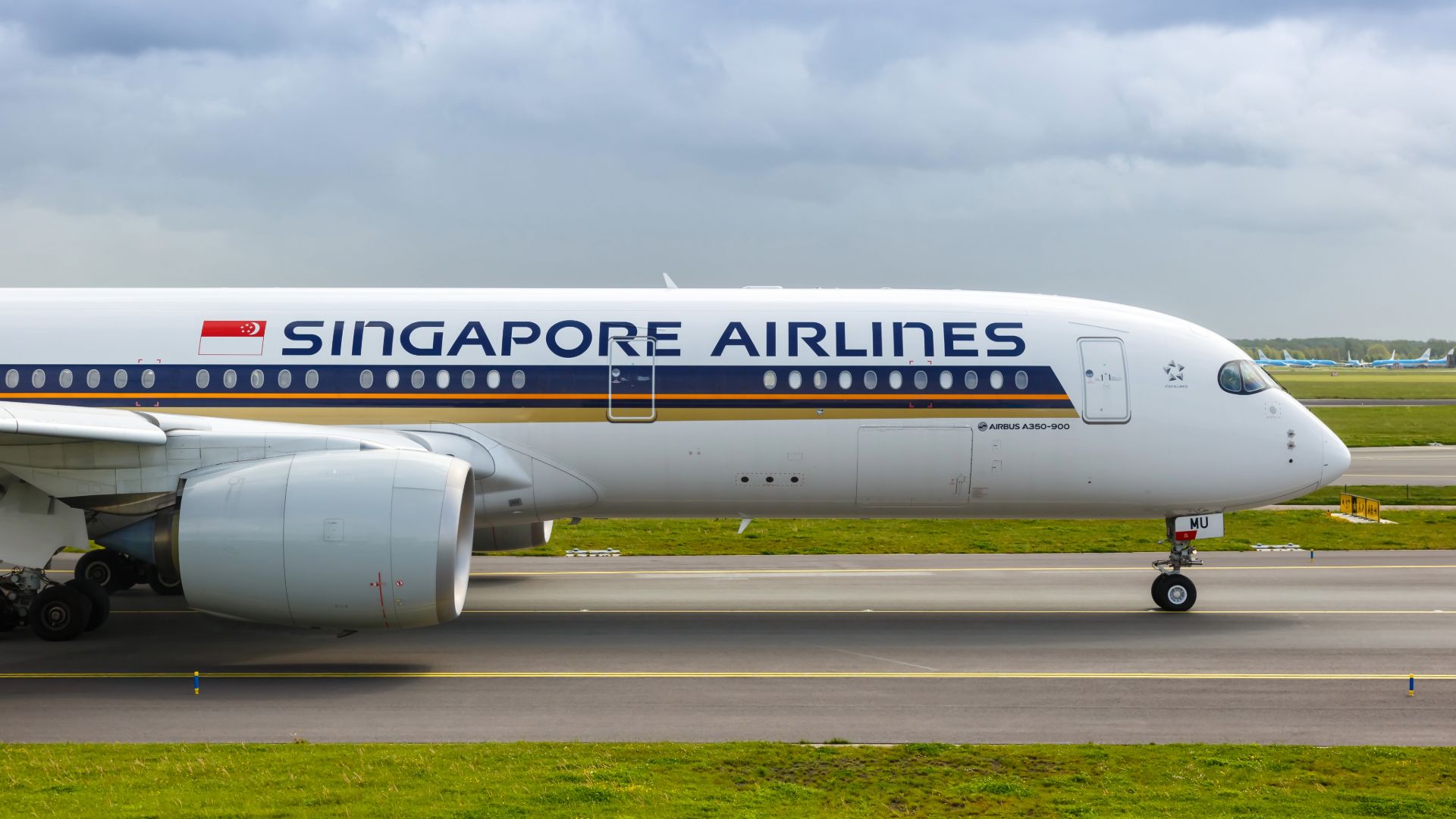 Close up of Singapore Airlines Airbus A350-900 on the runway