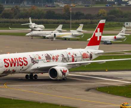 SWISS Airbus A350-900 arriving at Zurich Airport