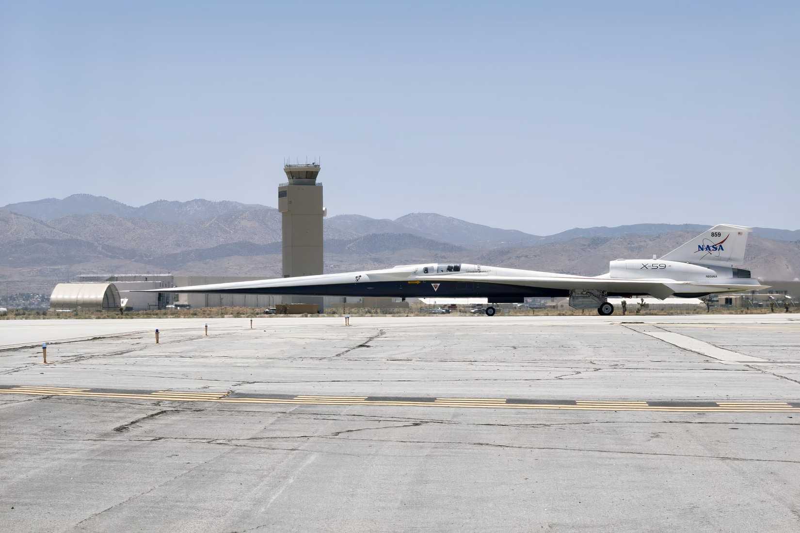 NASA’s X-59 quiet supersonic research aircraft taxis across the runway during a low-speed taxi test at U.S. Air Force Plant 42 in Palmdale, California, on July 10, 2025.