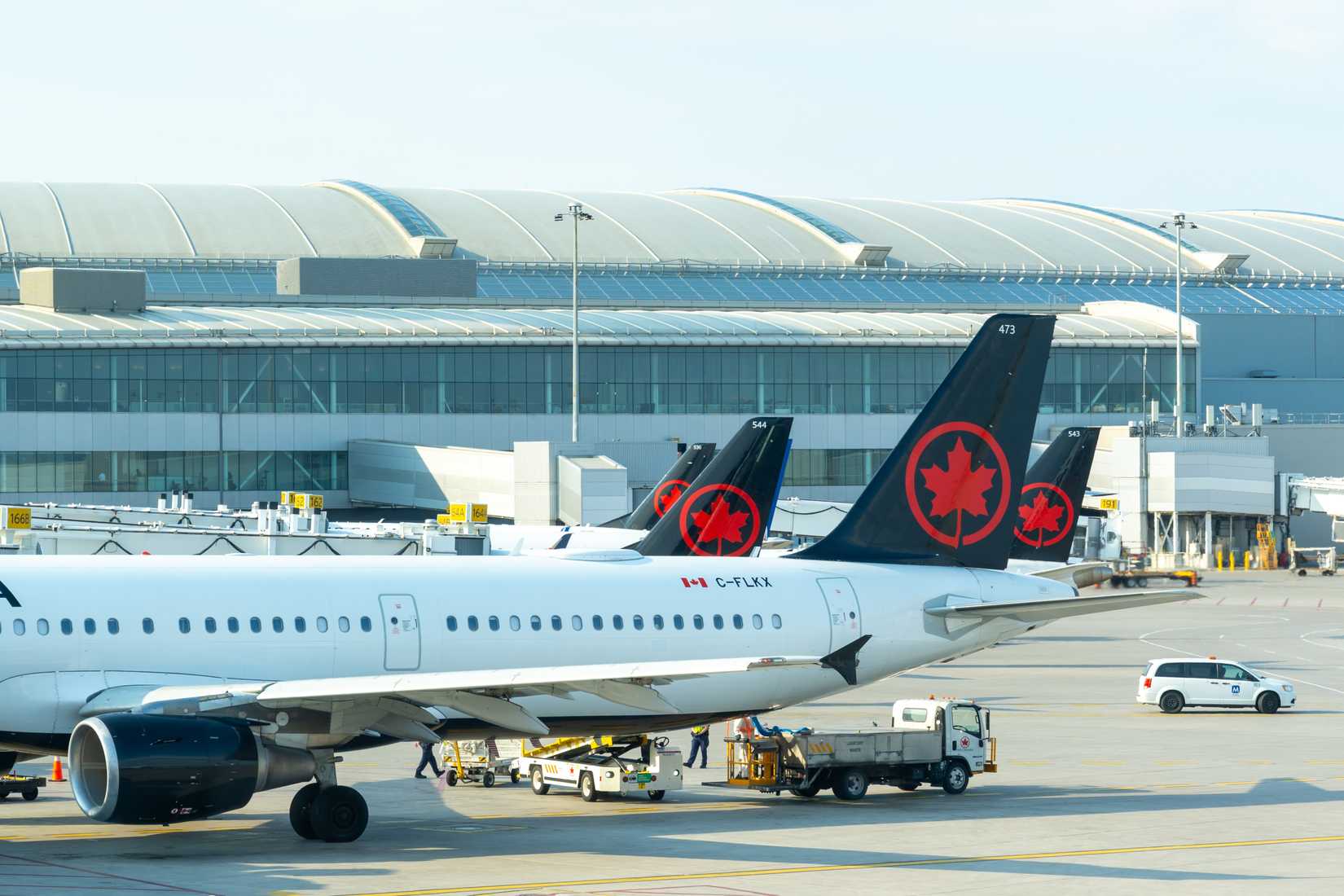 Air Canada planes parked at Toronto’s Pearson International Airport in Mississauga, ON, Canada.