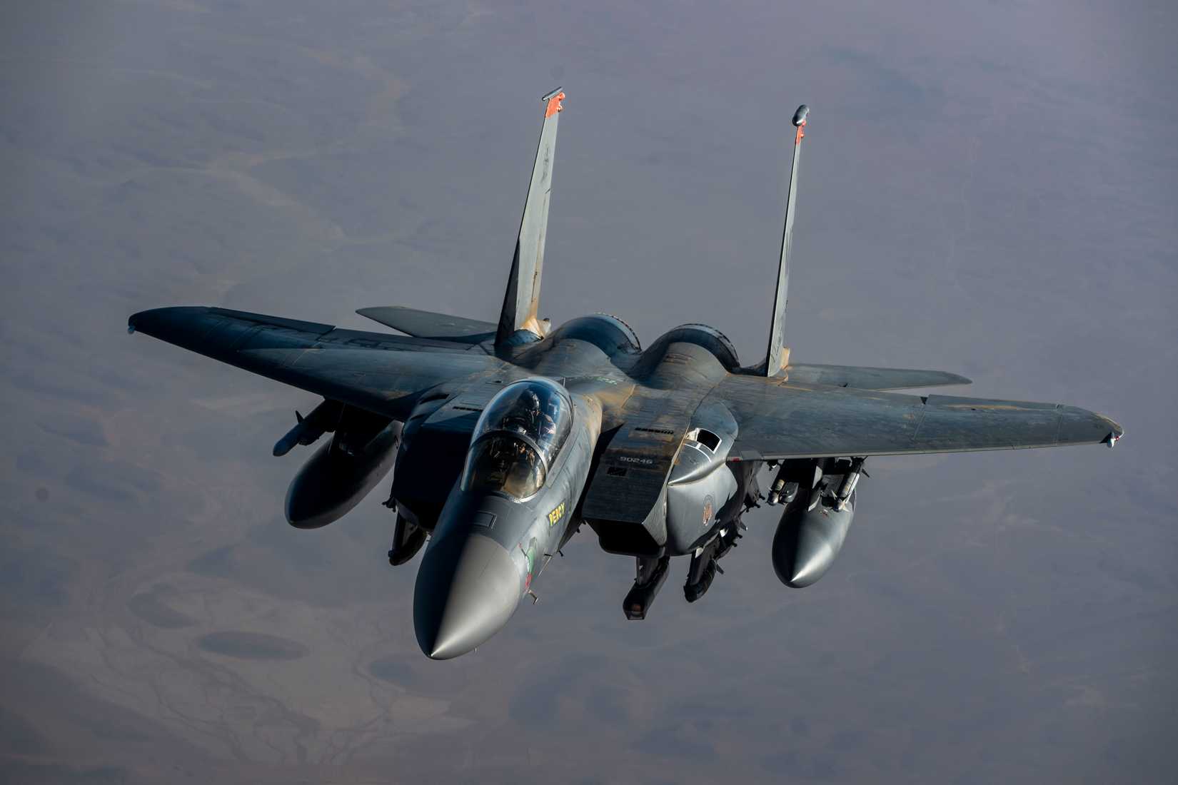 Air Force F-15E Strike Eagle conducts a combat patrol over the U.S. Central Command area of responsibility, July 17, 2025.