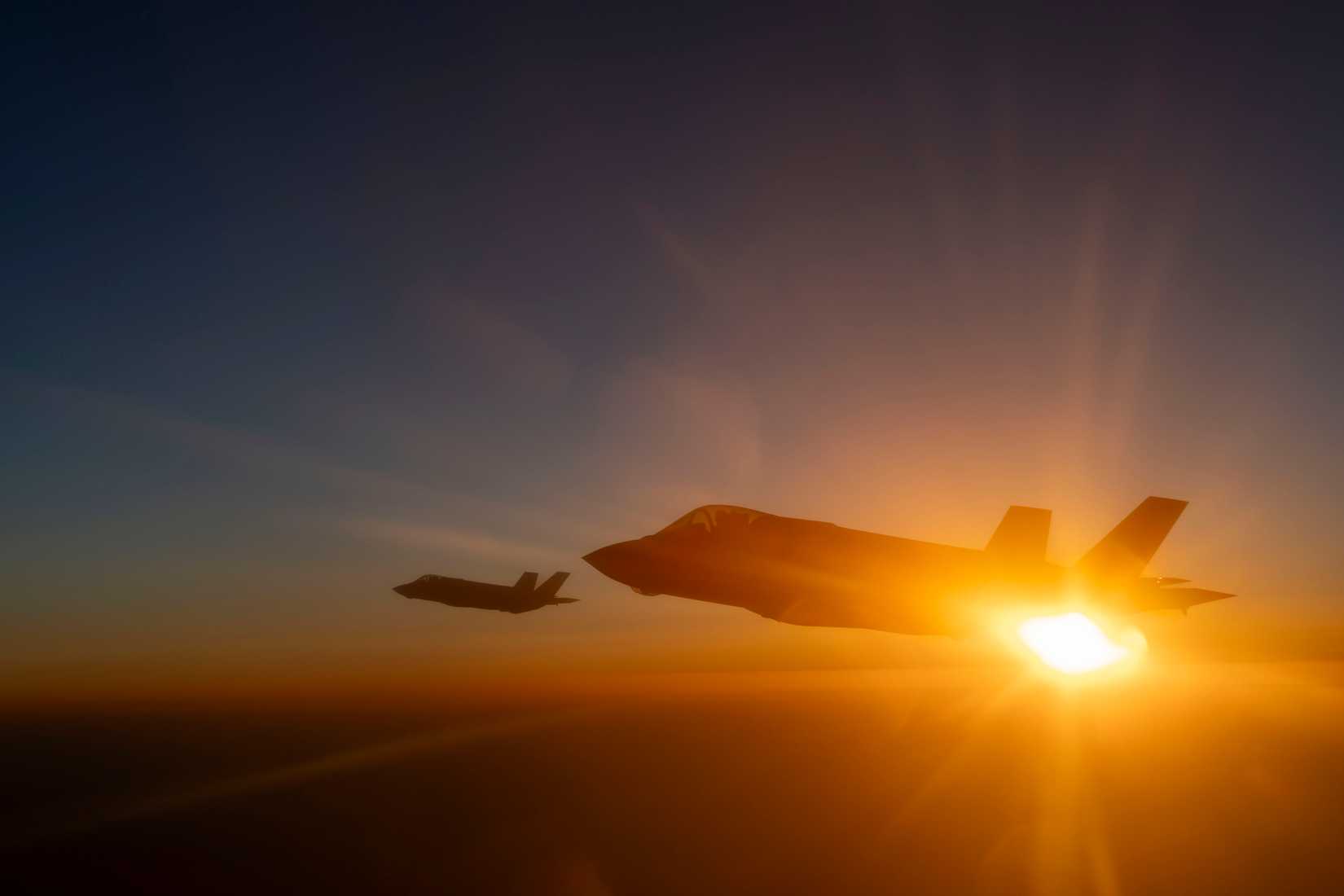 Air Force F-35 Lightning II aircraft fly in formation over the U.S. Central Command area of responsibility