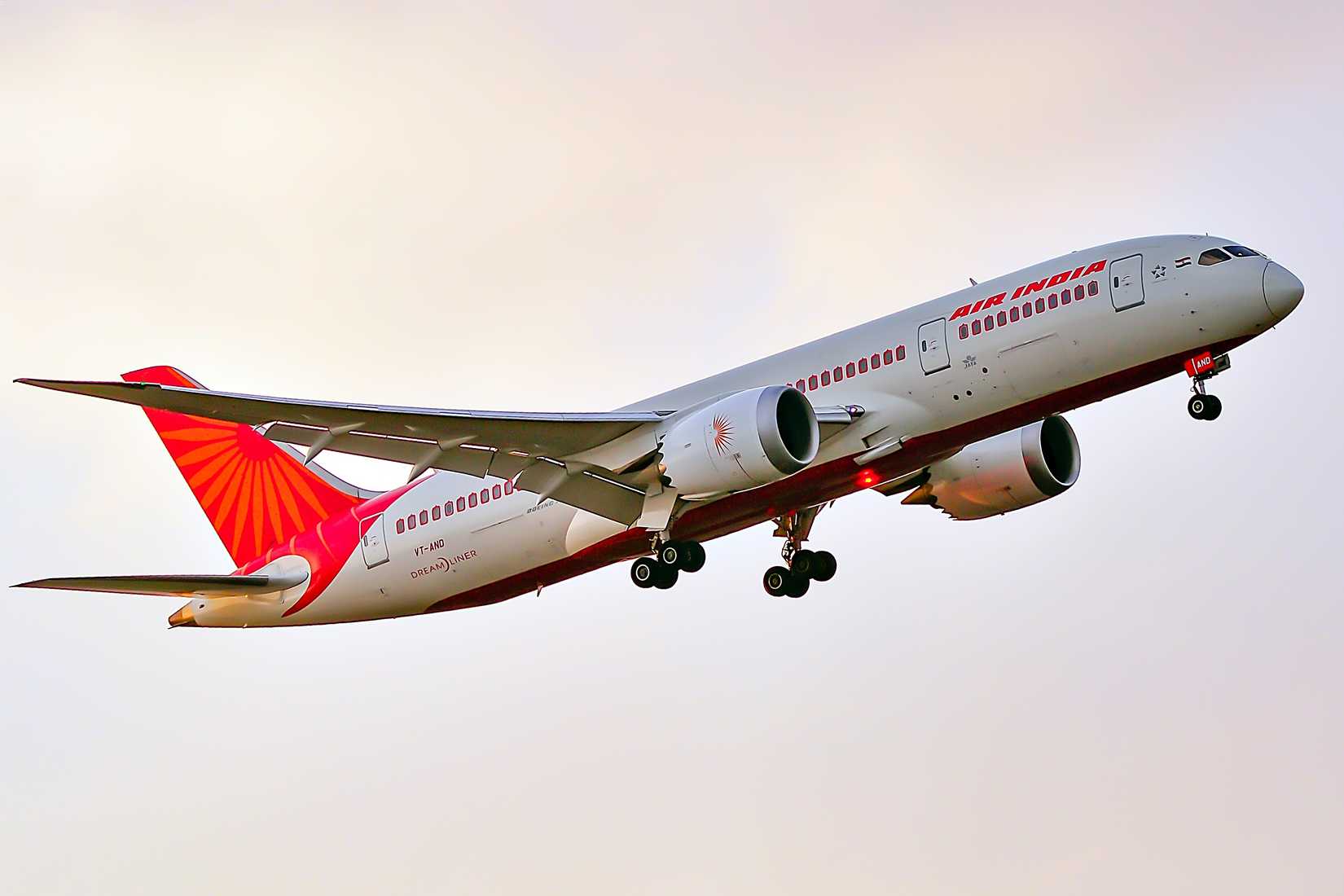 Air India Boeing 787-8 Dreamliner over airport on March 10,2016 in Frankfurt,Germany.