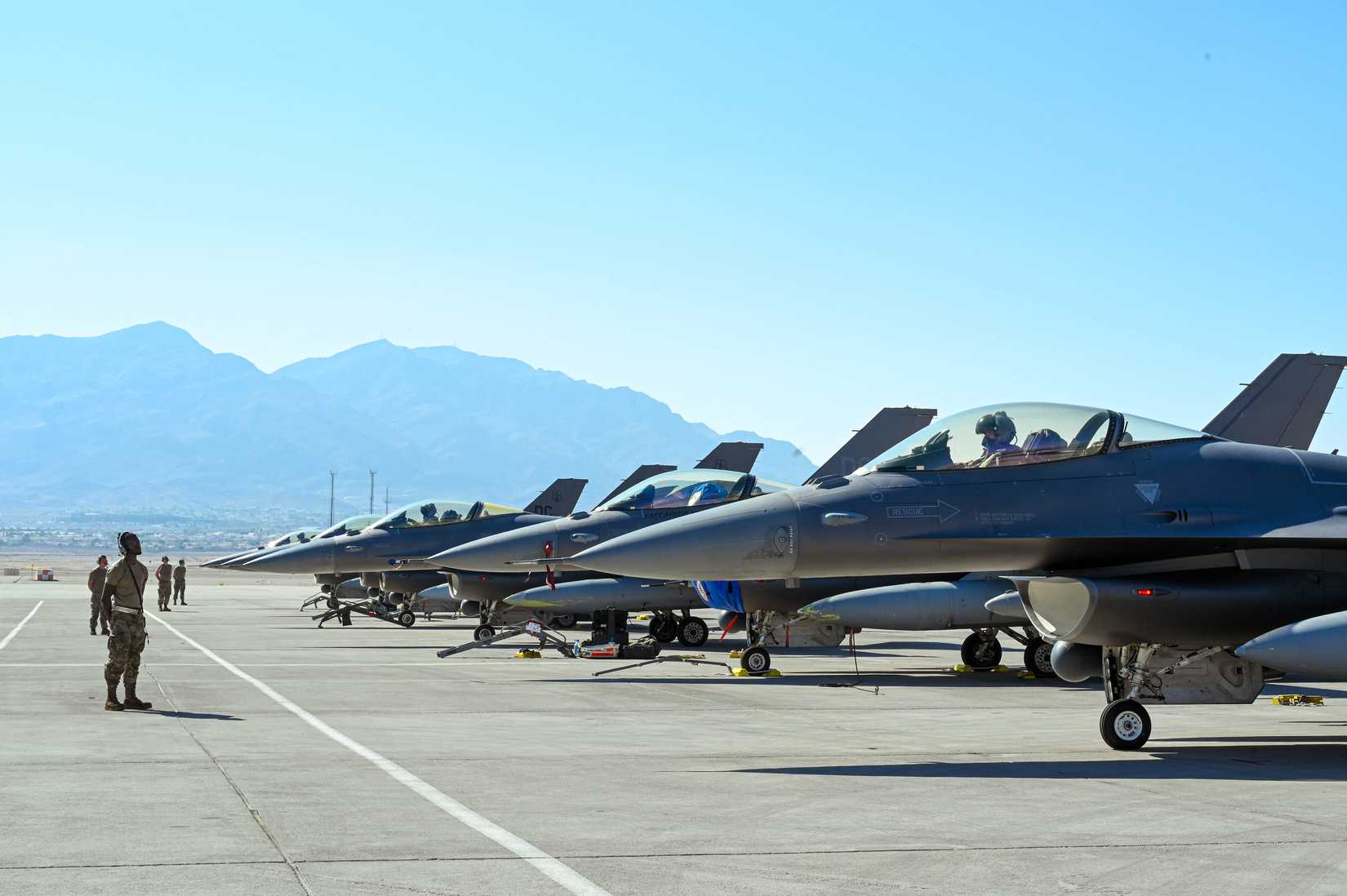 Air National Guardsmen with the 113th Maintenance Group prepare F-16 Fighting Falcons for launch as part of exercise Bamboo Eagle, Aug 6, 2025