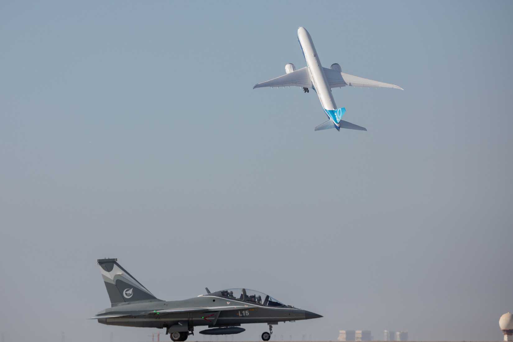Aircraft showing steep take off capability at Dubai air show.