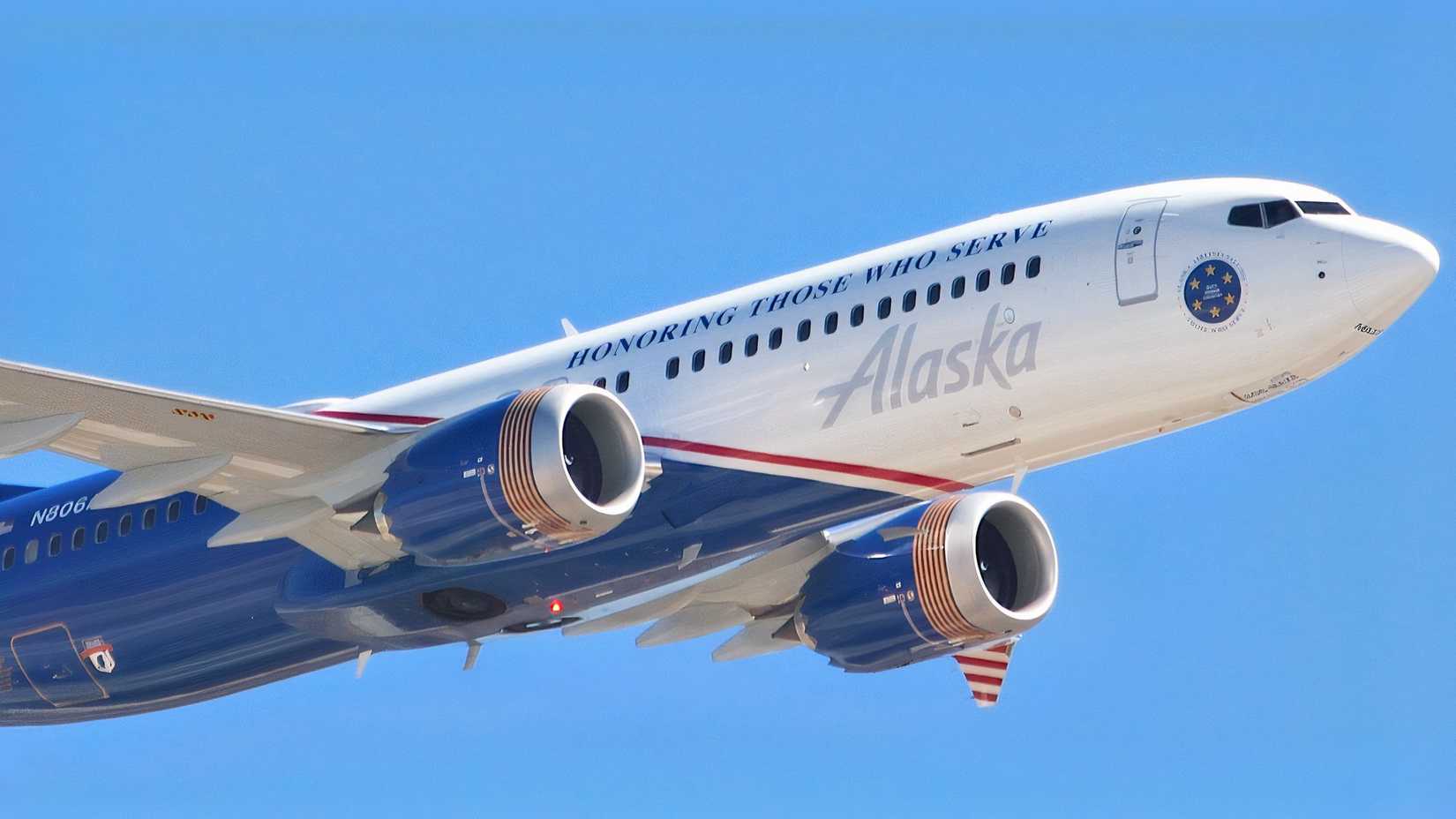 Alaska Airlines special livery Boeing 737 MAX 8 in the air