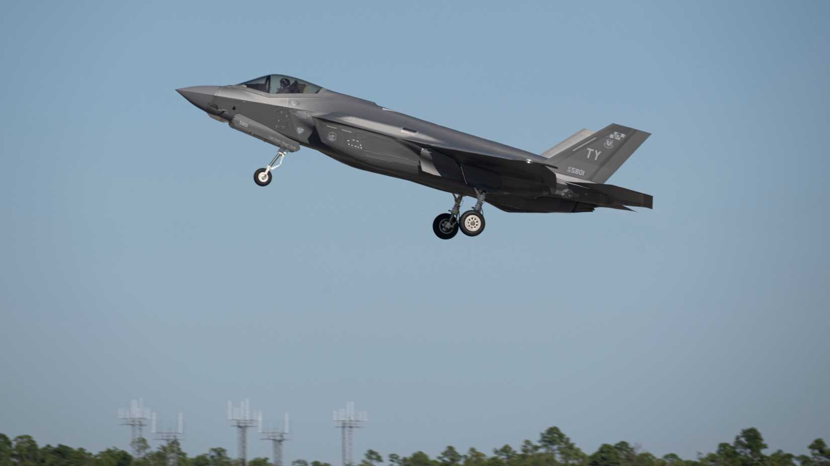 An F-35A Lightning II aircraft assigned to the 95th Fighter Squadron takes off during Checkered Flag 26-1 at Tyndall Air Force Base, Florida, Oct. 22, 2025.